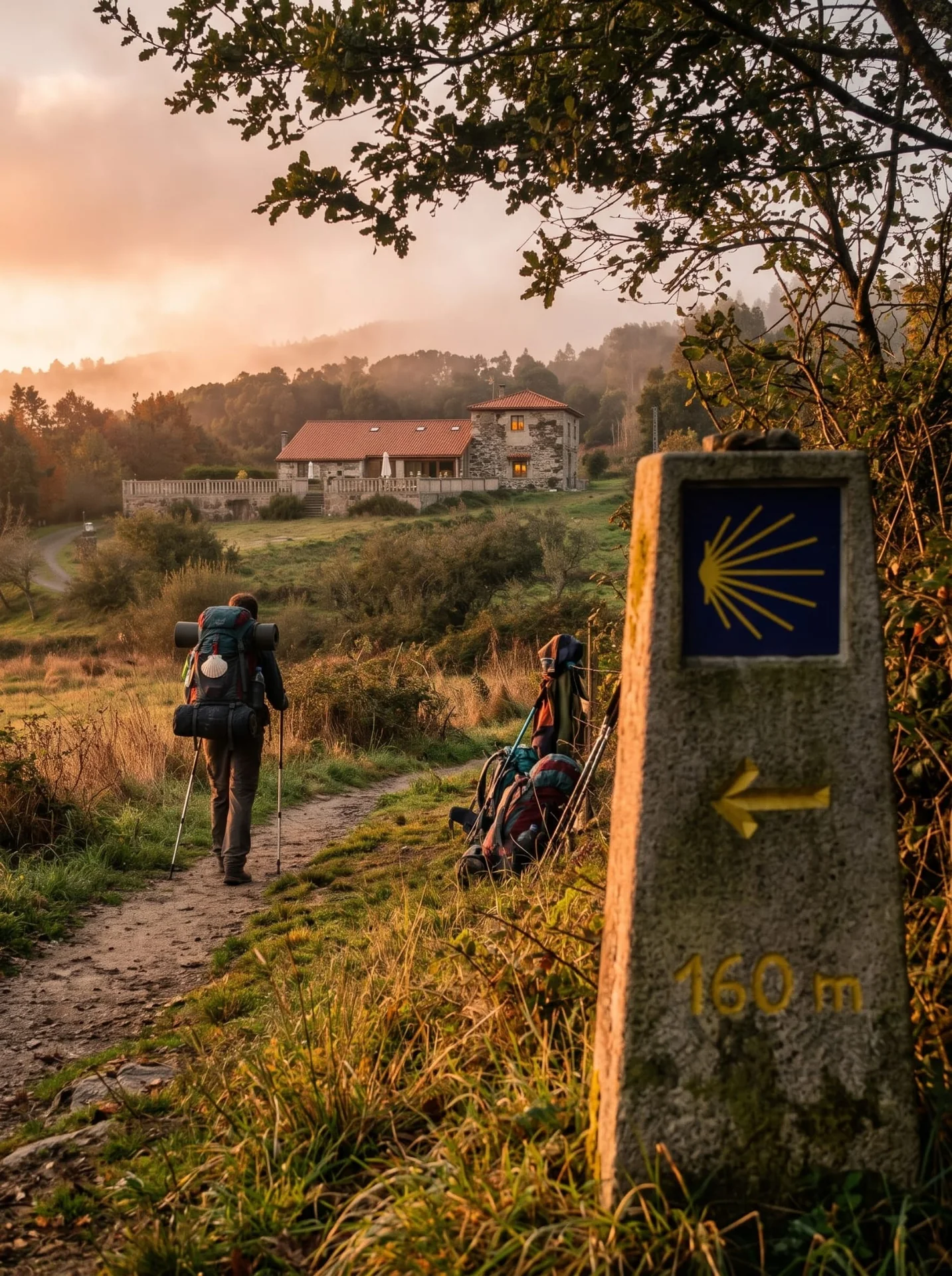 Pilgrims by the Camino waymarker 160 metres away